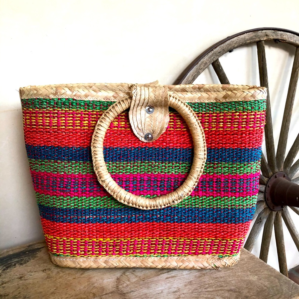 MEXICAN WOVAN BASKET TOTE Colorful Serape Vtg Lg